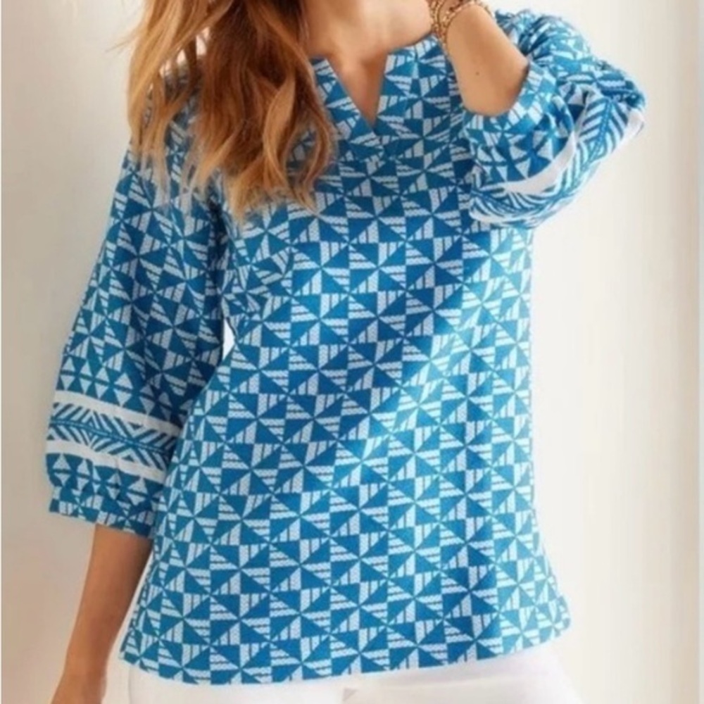 Soft Surroundings Narah Top Women M Geometric Print 3/4 Sleeve Blouse Blue‎ NWT